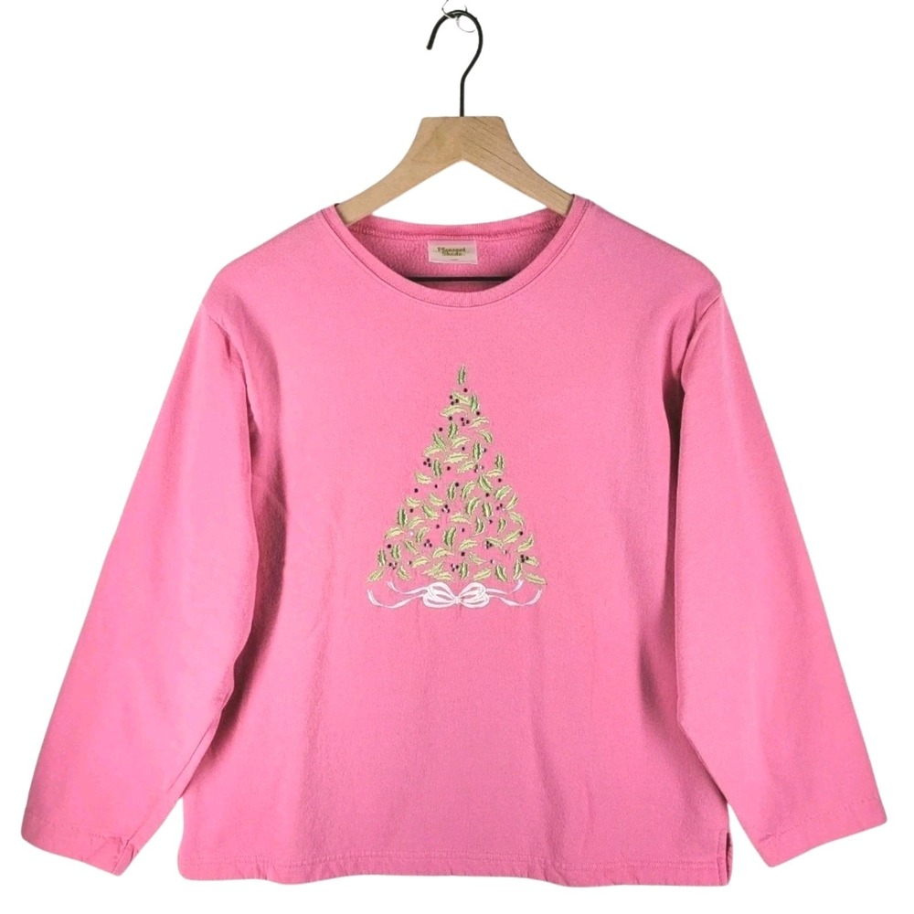 Pleasant Shade Pink Christmas Tree Sweatshirt L‎ Cotton Embroidered Holiday Top